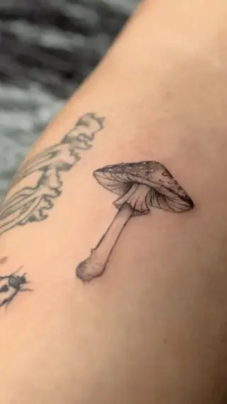 Mały grzyb z kropkowanym kapeluszem w czarnym cieniowaniu na skórze, obok fragmenty innych tatuaży – tatuaż Oli, SHADY TATTOO Wieluń