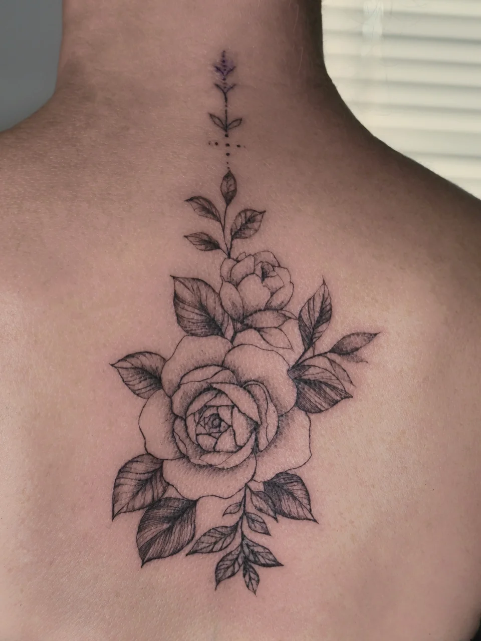 Tatuaż na karku i wzdłuż kręgosłupa: kompozycja róż z liśćmi w cieniowaniu black & grey – praca Oli, SHADY TATTOO Wieluń