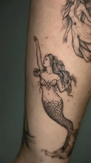 Syrena z długimi włosami i łuskowatym ogonem wykonana cienką kreską i kropkami na nodze, obok fragment postaci wróżki – tatuaż Oli, SHADY TATTOO Wieluń