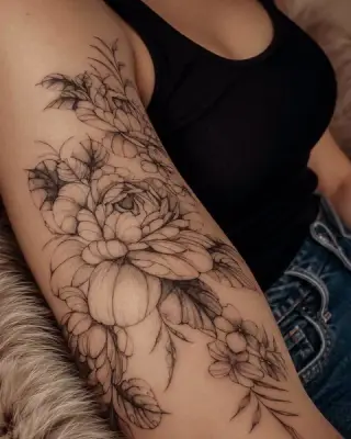 Kwiatowy tatuaż z piwonią i drobnymi kwiatami biegnący od ramienia po przedramię, delikatne czarne cieniowanie – tatuaż Zuzi, SHADY TATTOO Wieluń