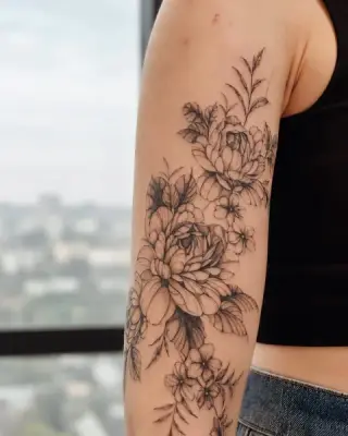Duża kompozycja kwiatowa z piwonią i liśćmi w czarnym cieniowaniu na ramieniu, widok na okno – tatuaż Zuzi, SHADY TATTOO Wieluń